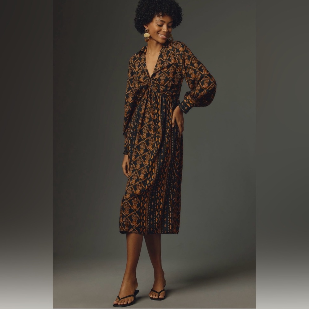 Farm Rio long sleeve V-neck printed tie-front Midi Dress
